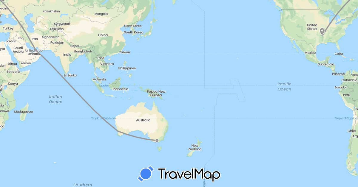TravelMap itinerary: driving, plane in United Arab Emirates, Australia, Hungary (Asia, Europe, Oceania)