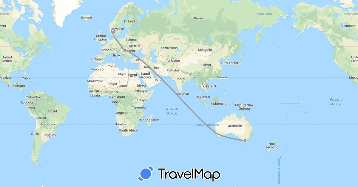 TravelMap itinerary: driving, plane in United Arab Emirates, Australia, Denmark, Hungary (Asia, Europe, Oceania)